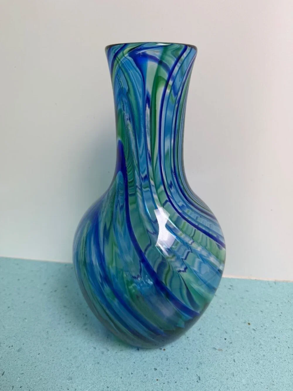 Michael Egan Vermont 2001 Handblown 12 inch Art Glass Vase Blue Green Handmade